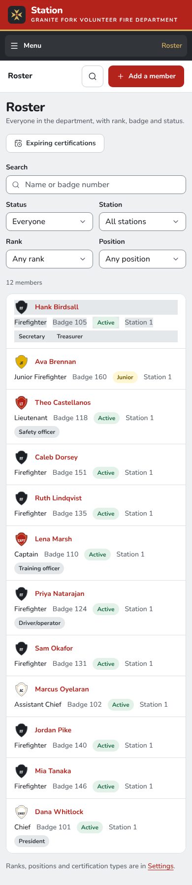 The same roster on a phone: each member as a card with rank badge, name, badge number and status.
