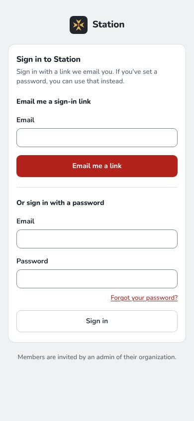 The Station sign-in screen on a phone: enter your email and get a sign-in link, or sign in with a password. Members are invited by an admin of their department.
